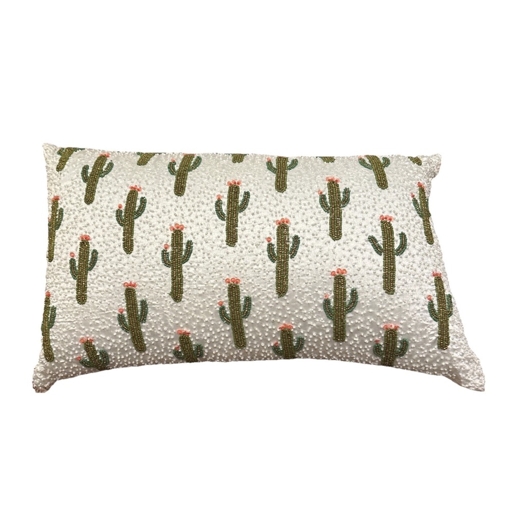 Cactus sequin & Satin Beaded Decorative Pillow 18"x 12" Southwestern